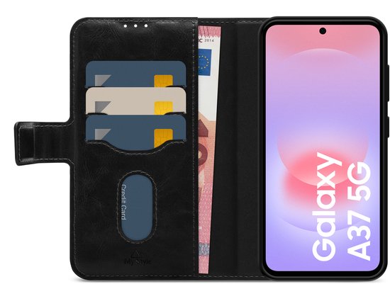 Étui portefeuille noir avec cartes et un Samsung Galaxy A37 5G.