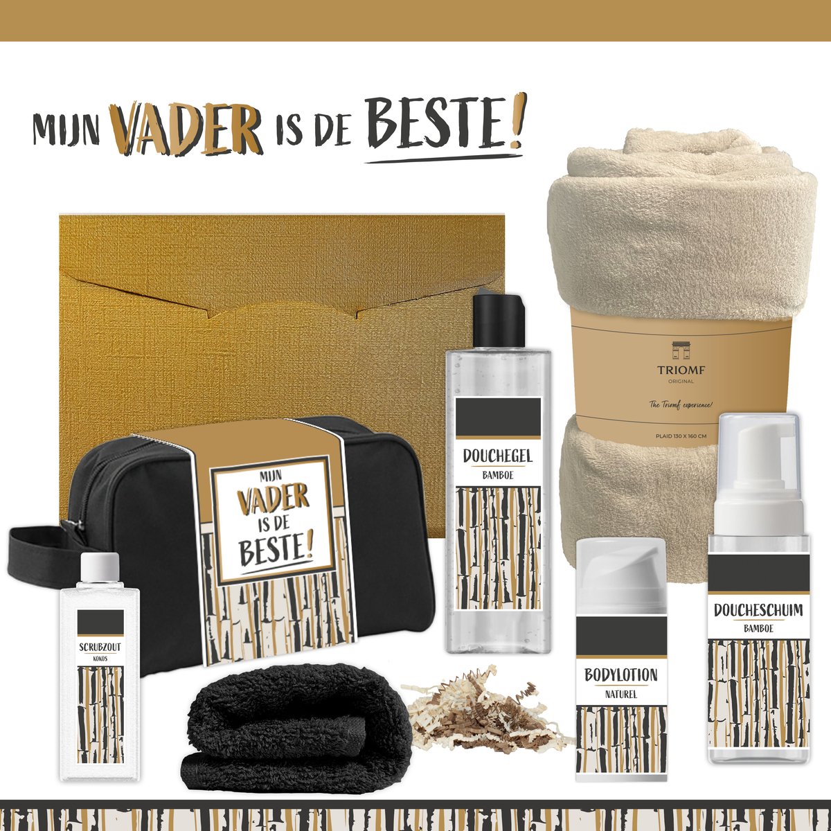 Geschenkset “Mijn vader is de beste!” - 7 producten - 1390 gram | Giftset voor hem Vader Papa Cadeau Luxe Wellness Pakket Man Speciaal Cadeaupakket Doos Handdoeken Fleecedeken Geschenk Cadeaudoos Verjaardag Vaderdag Gift Set Douche Beige Goud