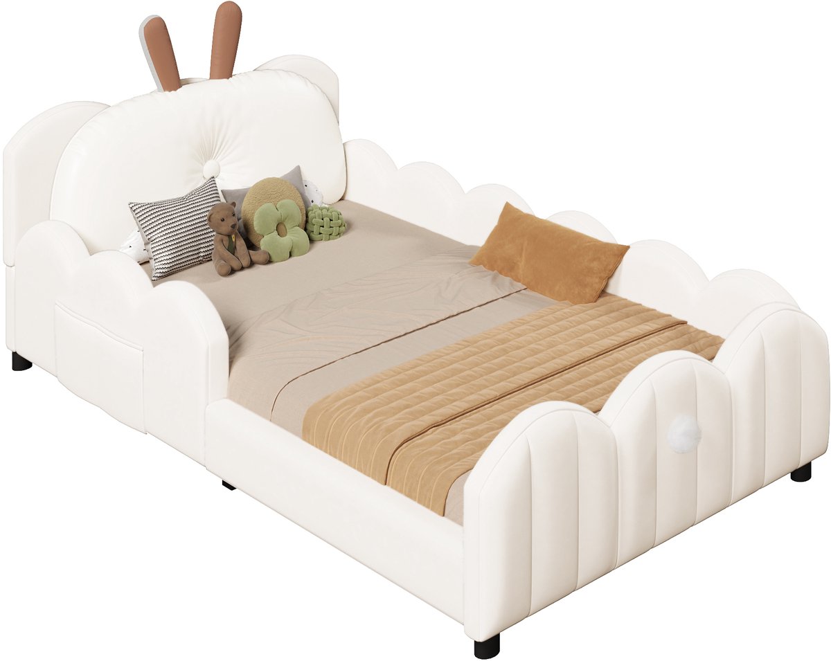 90x200cm kajuitbed - eenpersoonsbed met konijnvormig knuffelkussen - gestoffeerd bed - beige