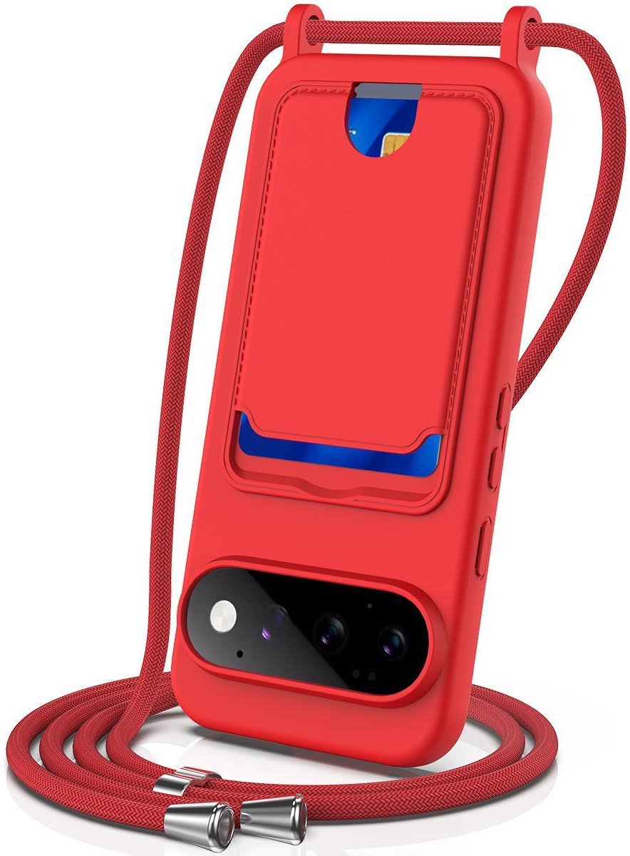 Mobigear Telefoonhoesje geschikt voor Google Pixel 11 Pro Siliconen met Kaarthouder | Mobigear Lanyard Card Hoesje met koord en Pasjeshouder | Kaarthouder voor 1 Pasje | hoesje met koord Telefoonhoesje voor Pinpas / OV Kaart / Rijbewijs - Rood