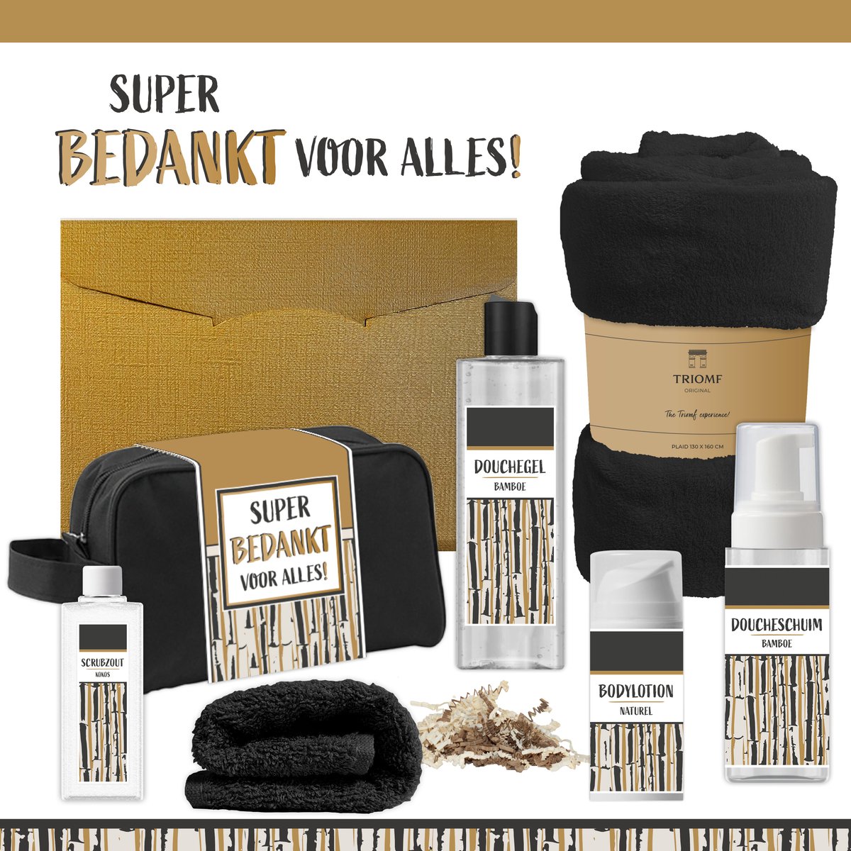 Geschenkset “Super bedankt voor alles!” - 7 producten - 1390 gram | Giftset voor hem Vader Papa Cadeau Luxe Wellness Pakket Man Speciaal Cadeaupakket Doos Handdoeken Fleecedeken Geschenk Cadeaudoos Verjaardag Vaderdag Gift Set Douche Zwart Goud