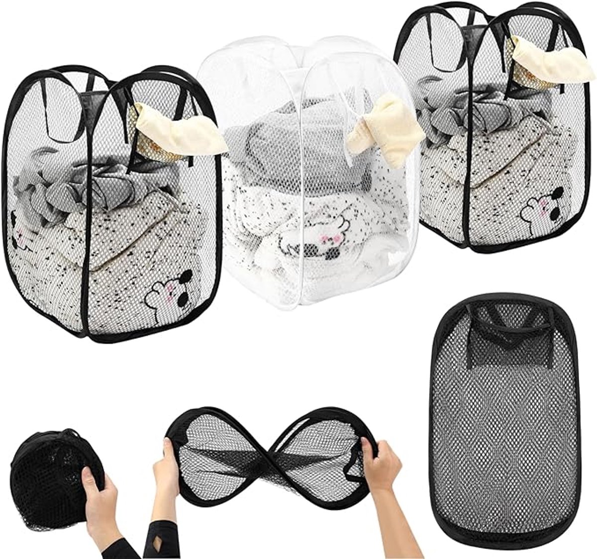 3stuks - Opvouwbare Wasmand - Afmetingen: 36 x 36 x 56 cm - Opvouwbaar - Draagbare wasmand van gaas - Met handvat - Geschikt voor badkamers, studentenkamers, camping, kinderkamers - Zwart, Wit