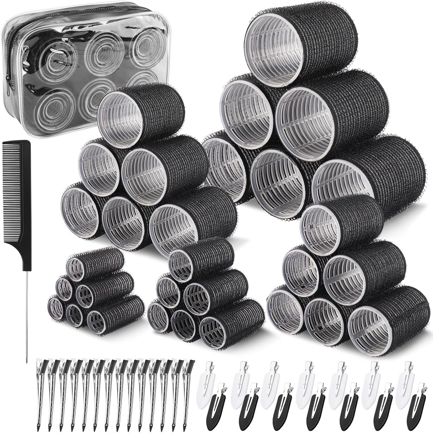 SnelShoppen - 60-delige haarrollers set met 5 maten grote krullers: 55/45/40/30/20 mm, geen hitte krullers met clips voor lang, medium en kort haar