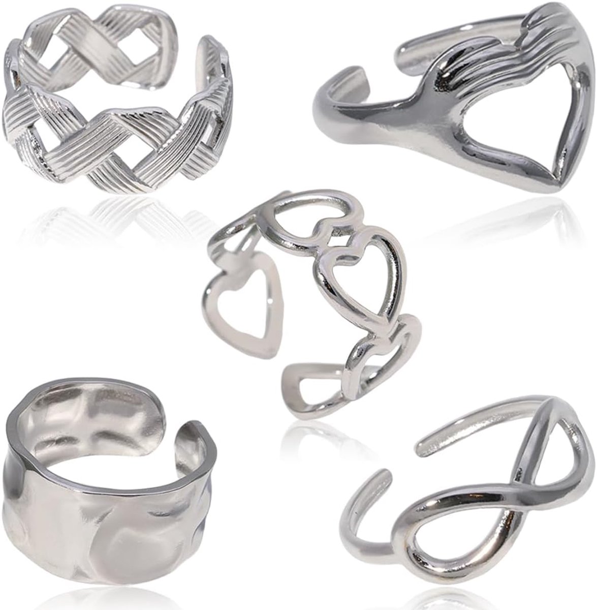 5 stuks open ring van roestvrij staal, stapelbaar, minimalistisch, zilver, voor duimen en knobbels, verstelbaar, stapelbaar, voor vrouwen en meisjes (B)