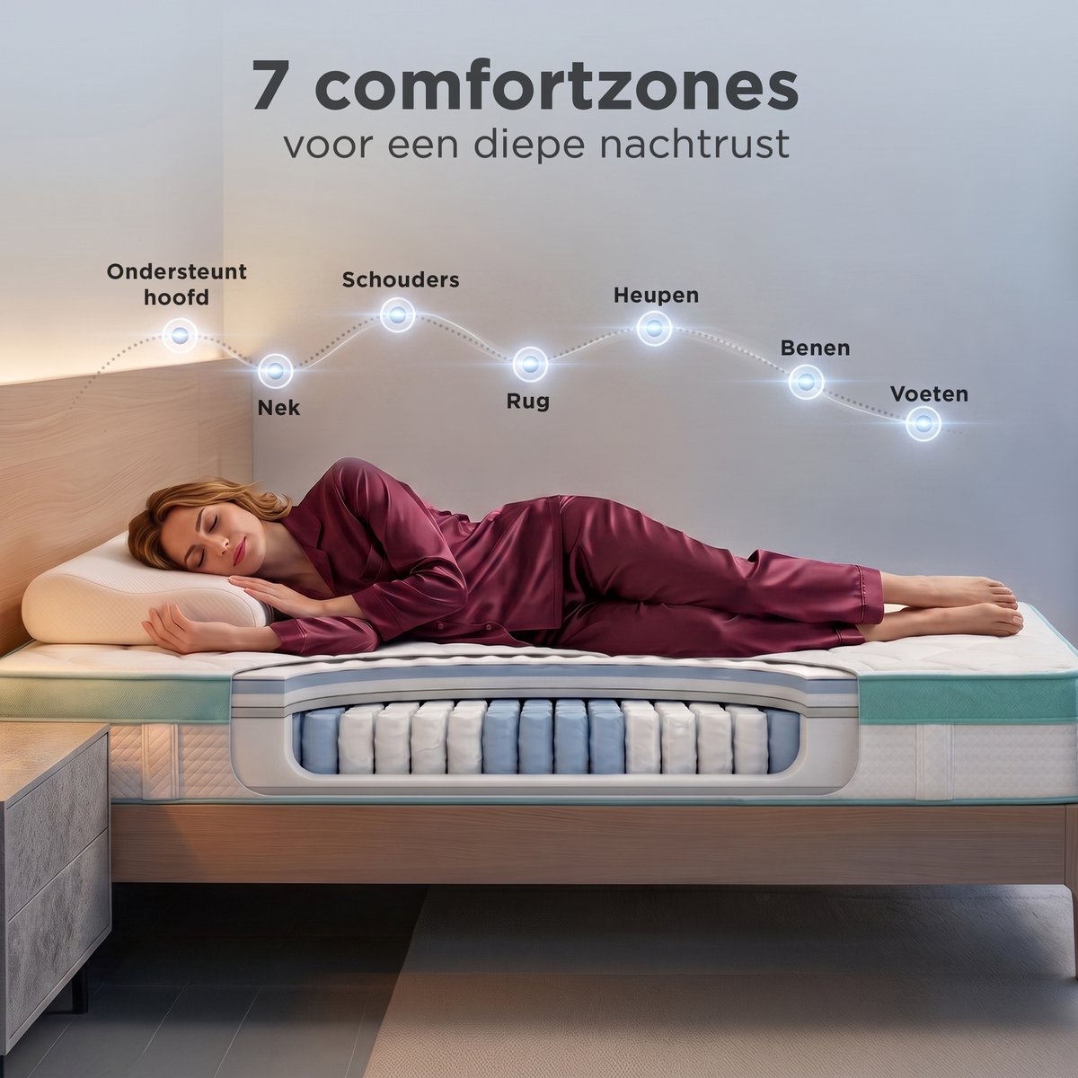 CozySense® Hybride Matras 90x200 cm – Eenpersoons Pocketvering – Traagschuim & Koudschuim – 7-Zones – 25 cm Dik – Medium thumbnail 2