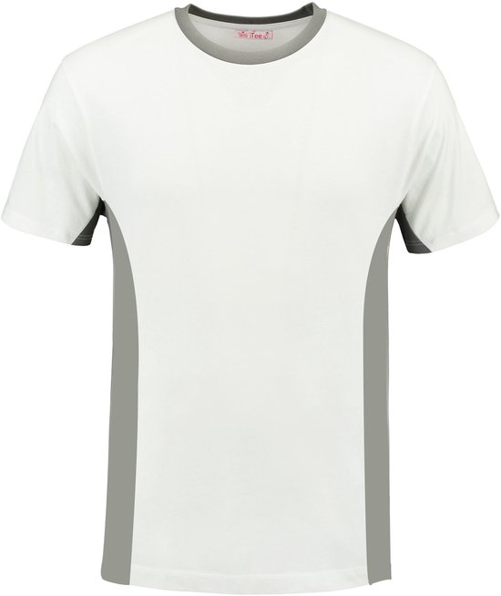 Witte T-shirt met parelgrijze zijkanten en een grijze halskraag.