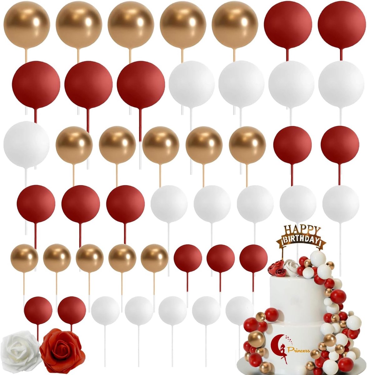 48 stuks Cake-Topper-Kugels - Taartdecoratie in rood, wit & goud - Voor verjaardag, bruiloft & DIY-taarten - Bakdecoratie van hoogwaardig materiaal