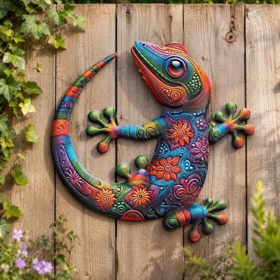 Kleurrijke metalen gekko decoratie met oranje, blauwe en rode tinten, versierd met bloemenpatronen en mozaïekdetails, bevestigd aan een houten schutting.