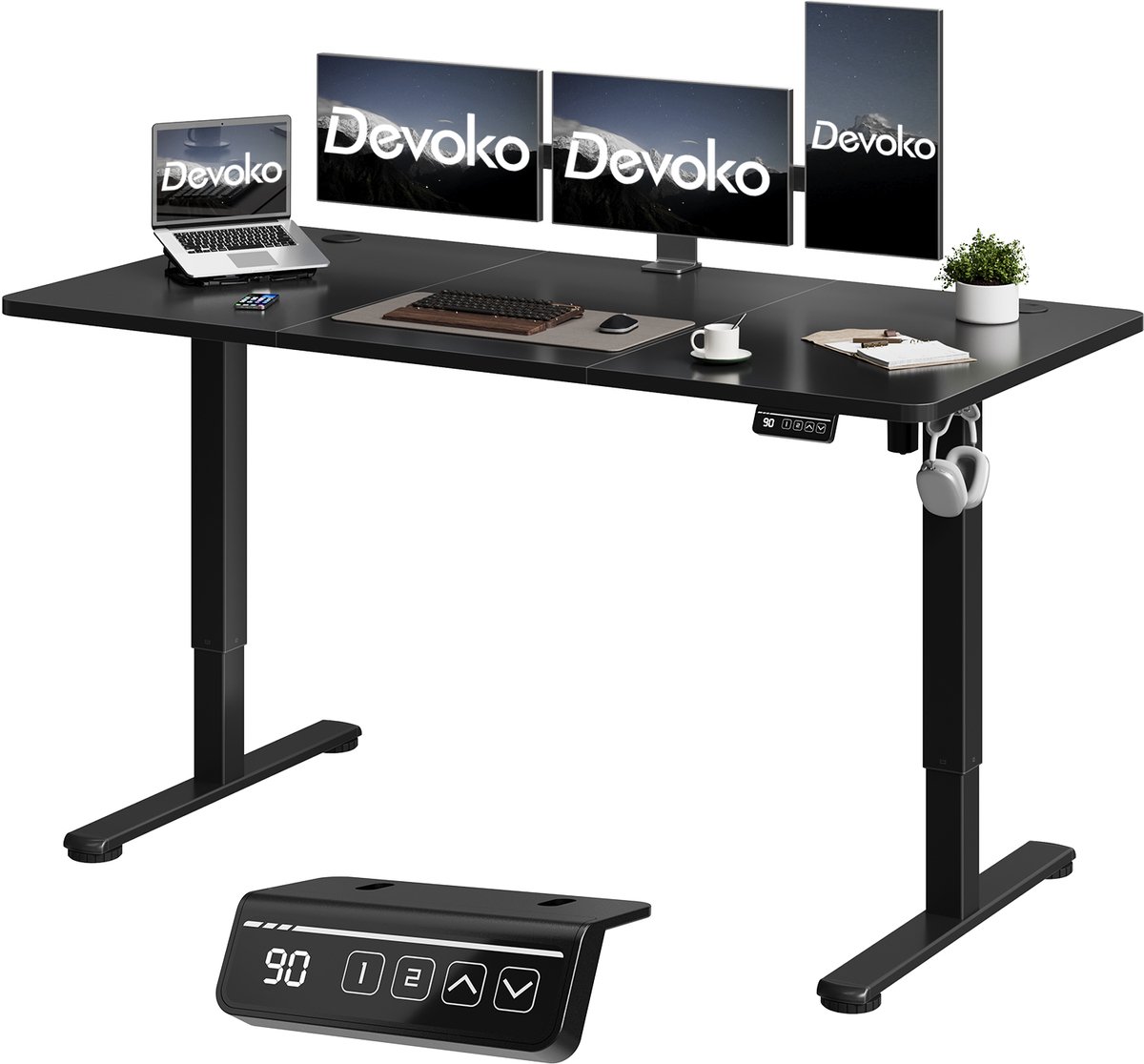 Devoko Elektrisch Zit-sta Bureau 160x60 cm – Stille Motor met Geheugenfunctie – 4 Knoppen Handbediening – Zwart
