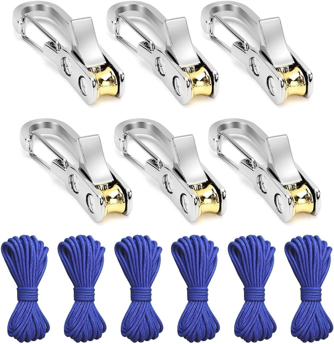 kabelspanner 6 stuks, 6 x 5 m nylon touw voor camping, zeil en luifel | Linnen snel spannen, 6 touwspanners met rol en 6 x 5 m nylon touw voor tent, dekzeil, luifel, boot en outdoor