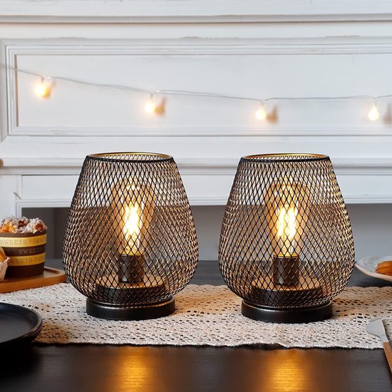 Zwart smeedijzeren draadloos nachtlampje met gaas - LED-sfeerverlichting op batterijen - decoratieve tafellamp voor slaapkamer, naast het bed, balkon of in de tuin, warm wit licht — afbeelding 5