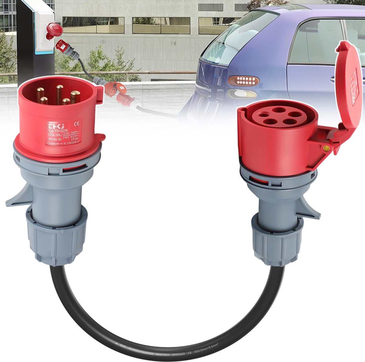 Voedingsadapter - 32A stekker naar 16A vrouwelijke connector - Kabellengte 50 cm - IP44 beschermingsklasse - Vlamvertragend en hittebestendig nylon materiaal - Stopcontactconnector