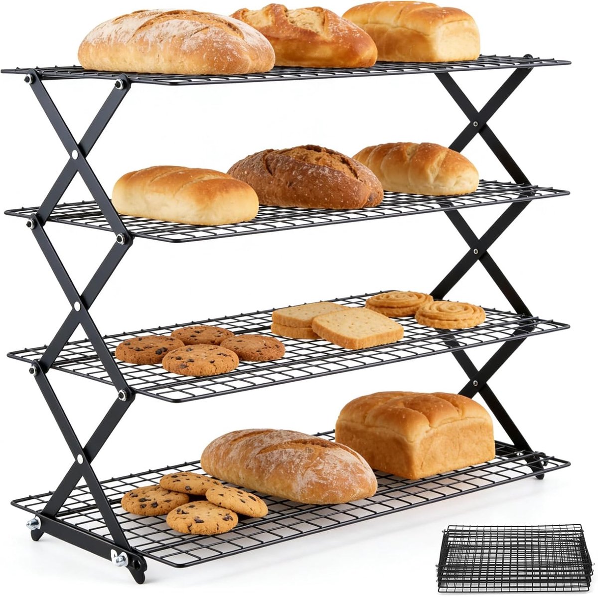 Koelrek met 4 niveaus voor bakken, inklapbaar niet-klevend draadcakerek, ruimtebesparende opvouwbare koekjesovenrekken, zware keukenbakaccessoires voor muffin, koekjes pizza (39 x 25 cm)