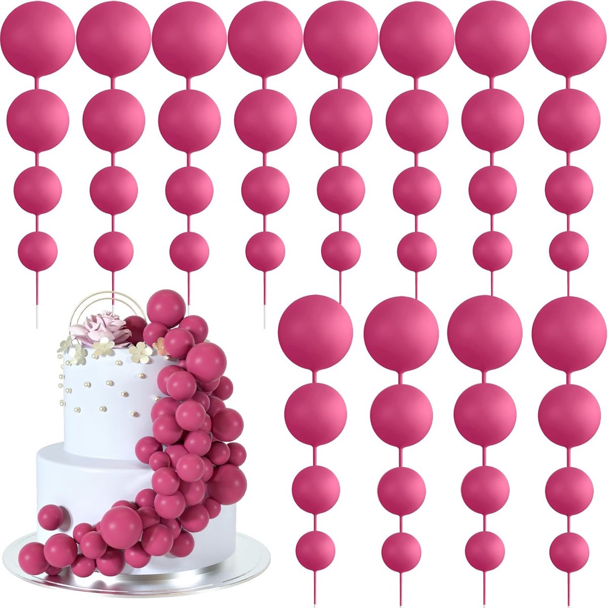 48 stuks taarttopper decoraties - ballon cupcaketoppers, schuimballen voor verjaardagsfeest, huwelijksverjaardag taartdecoratie (felroze)