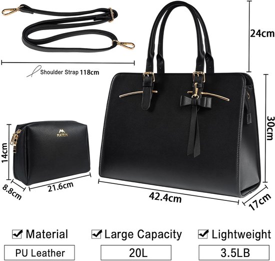 Afmetingen van zwarte PU leren werktas met strikdetail: tas 42.4x17x30cm, clutch 21.6x8.8x14cm. Inclusief schouderband.