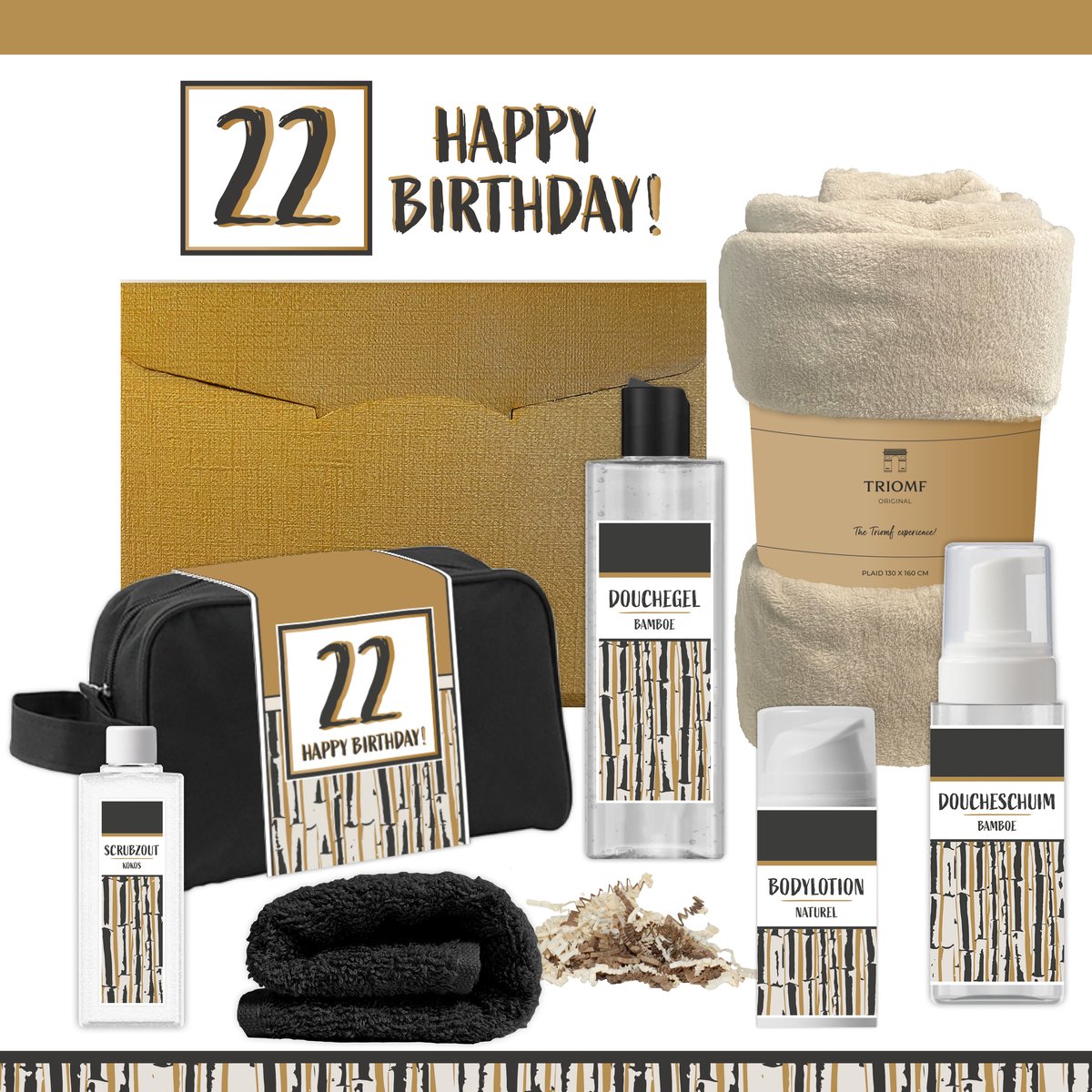 Geschenkset “22 Happy Birthday!” - 7 producten - 1390 gram | Giftset voor hem Vader Papa Tweeëntwintig jaar Cadeau Luxe Wellness Pakket Man Speciaal Cadeaupakket Doos Handdoeken Fleecedeken Geschenk Cadeaudoos Verjaardag Vriend Gift Douche Beige Goud