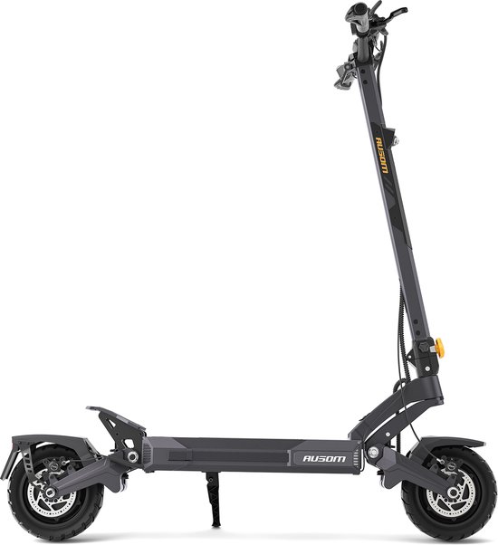 Zijaanzicht van de grijze Ausom DT2 Pro elektrische scooter met dubbele vering en grote wielen.
