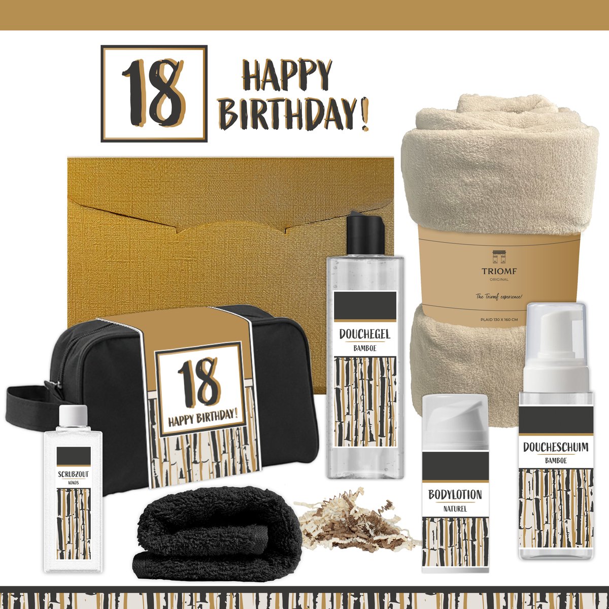 Geschenkset “18 Happy Birthday!” - 7 producten - 1390 gram | Giftset voor hem Vader Papa Achttien jaar Cadeau Luxe Wellness Pakket Man Speciaal Cadeaupakket Doos Handdoeken Fleecedeken Geschenk Cadeaudoos Verjaardag Vriend Gift Set Douche Beige Goud