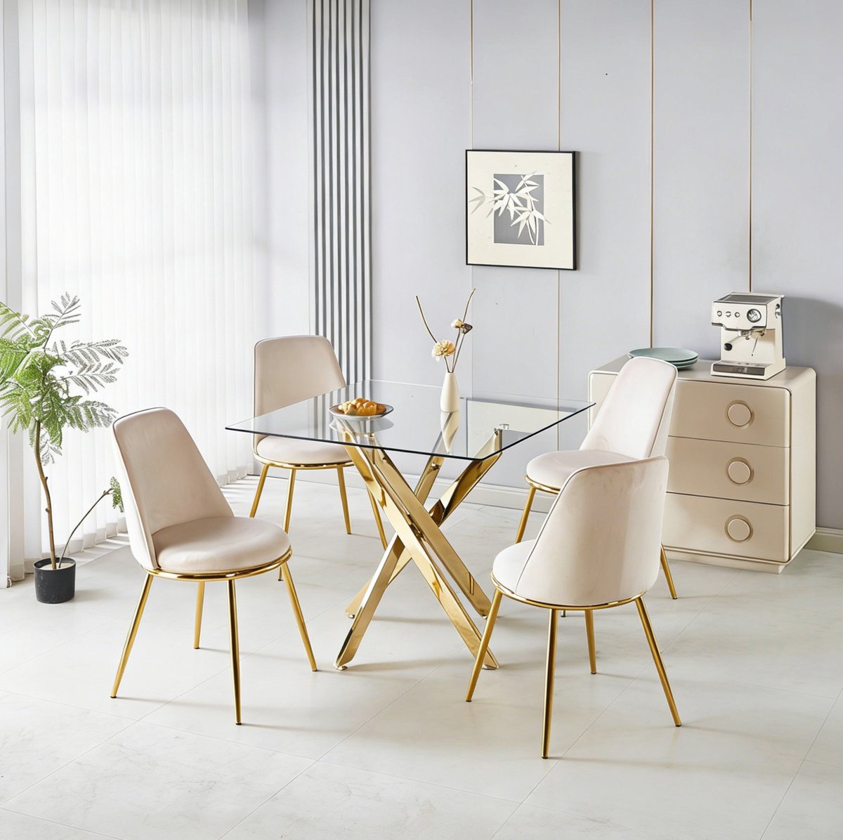 REDOM - Set tafel en stoelen - 1 tafel en 4 stoelen - Hoge rugleuning - Fluweel bekleding - Modern - Eetkamer - Metaal - Goud - 80 x 80 x 75 cm