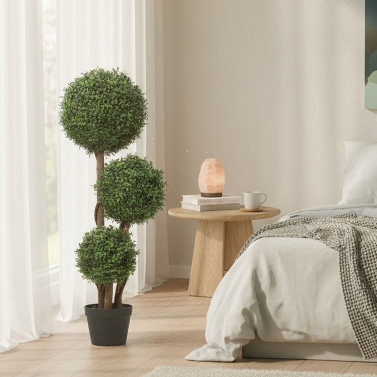REDOM - Kunstplant - Driekugelige buxusvorm - Met houten stam en pot - UV-bestendig - Voor binnen en buiten - Kunststof - Groen - 100 cm