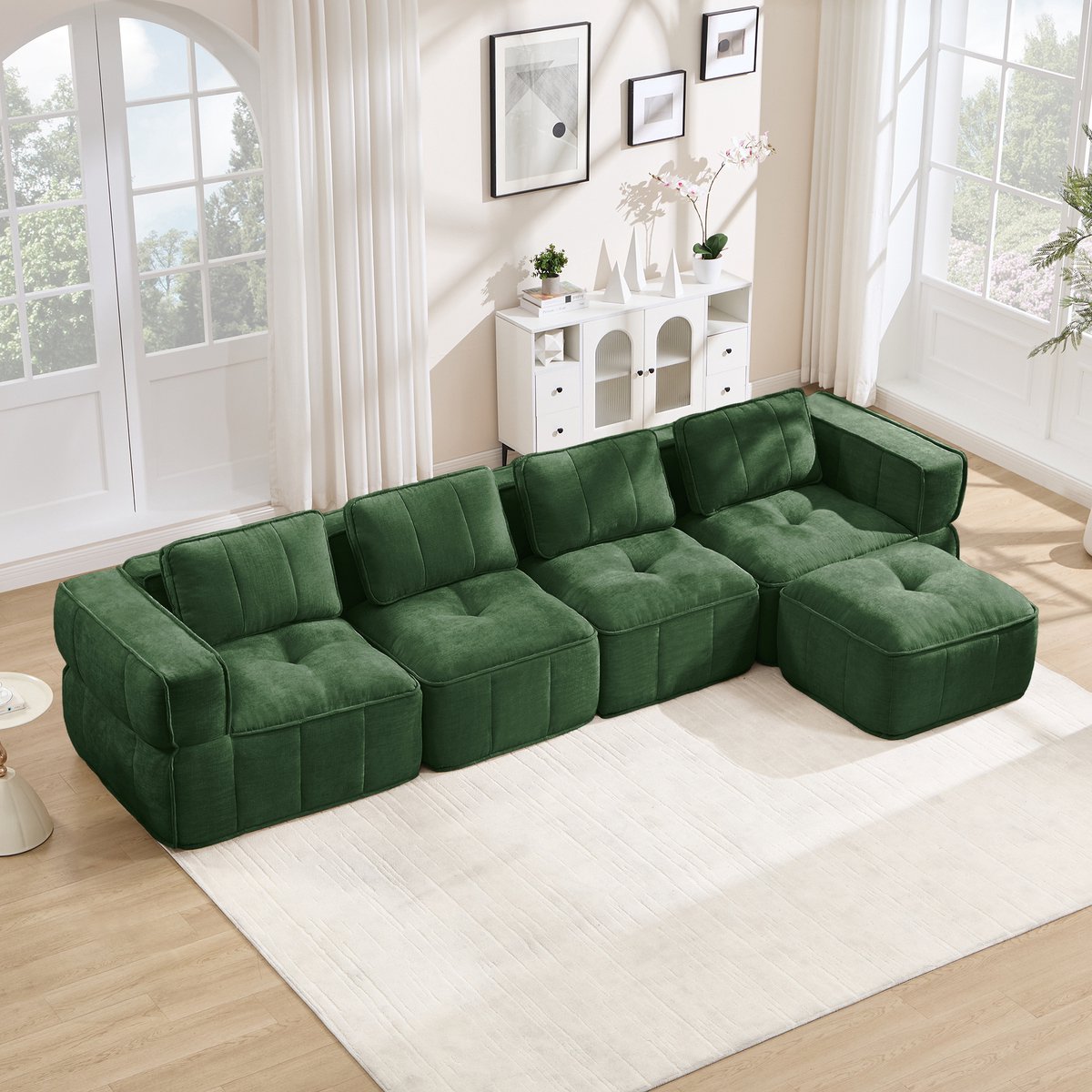 Moderne Hoekbank, L-Bank, 4-Zits bank, 4-Zits L-Vormige, Frameloze Modulaire Bank Met Voetenbank, Gevuld Met 32D Schuim Met Hoge Dichtheid, Diepe Zitkussens, Zachte En Comfortabele Stof, Ideaal Voor De Woonkamer-Groente