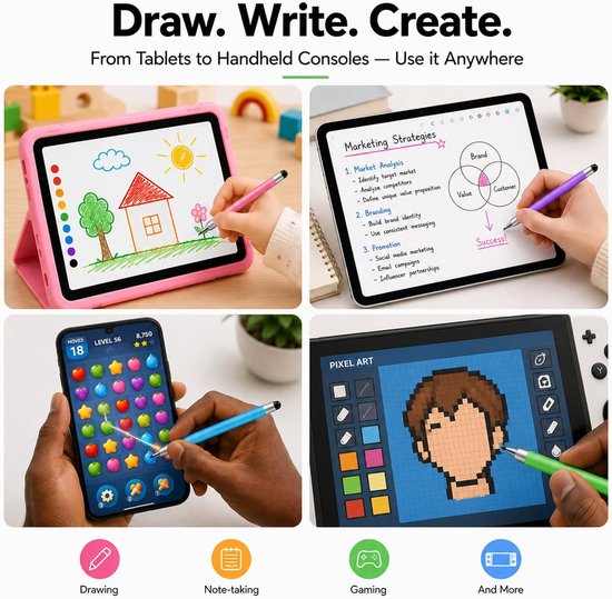 Styluspennen voor aanraakschermen, universele 2-in-1 styluspen voor iPad, compatibel met iPhone, iPad, Android, Microsoft-tablets, telefoons, oppervlak, [5 stuks] - Blauw, Groen, Roze, Paars — afbeelding 4