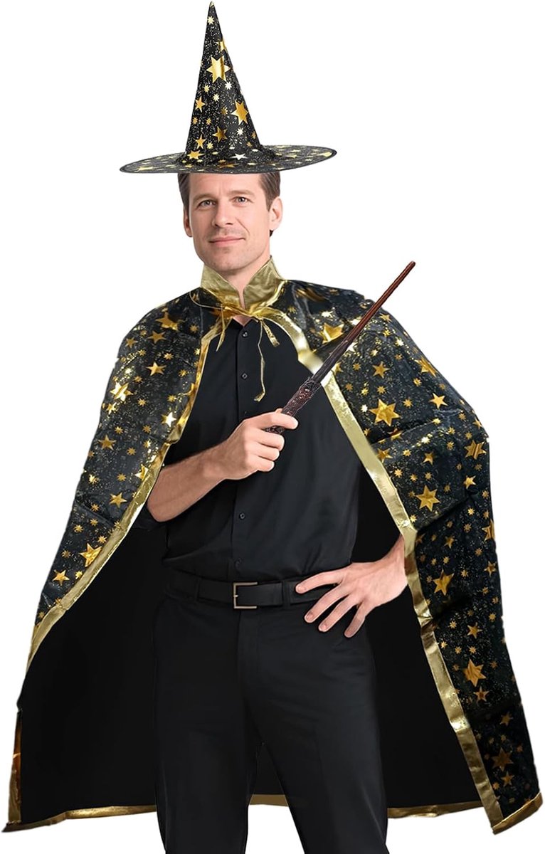 gouden kostuum voor volwassenen, Halloween, tovenaarskostuum, heksenhoed, Halloweenkostuum, tovenaarscape, voor carnaval, cosplay