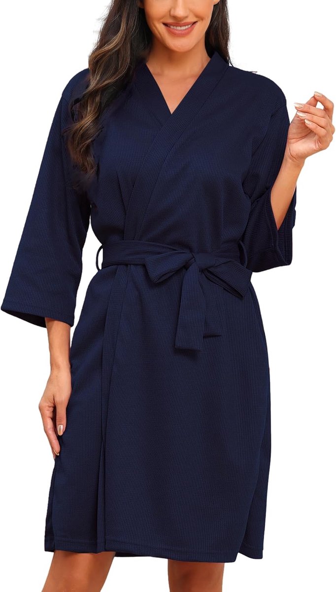Korte kimono voor dames, met wafelpatroon, badjassen en ochtendjassen, zacht en licht, knielang, badjas met V-hals en riem