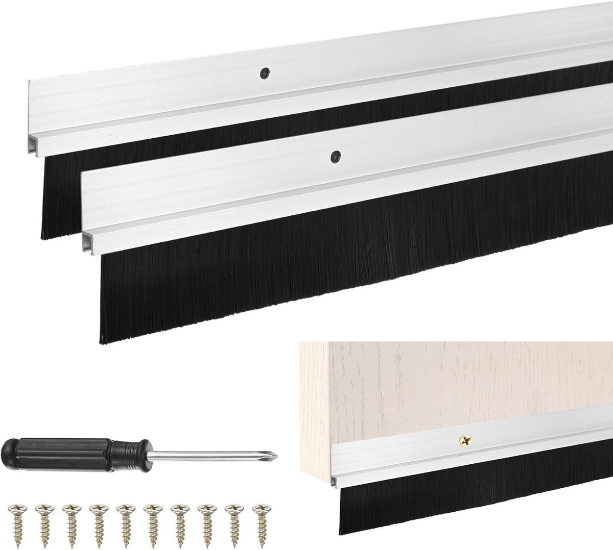 METERXITY 2-pack deurborstel bodemveger, 99 cm L x 5,6 cm W H-vorm aluminiumlegering basis met 1,2 inch nylon borstel voor industrieel/thuis/garagedeurafdichting, sterke zelfklevende weerstripset