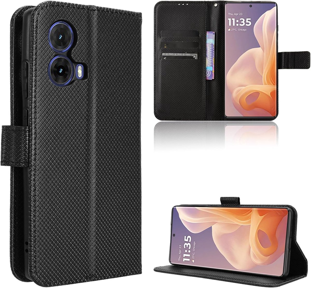 Hoes voor Motorola Moto G85 5G, stootvaste case, cover, mobiele telefoonhoes, koolstofvezel, inklapbaar klaphoesje, standaardfunctie, zwart