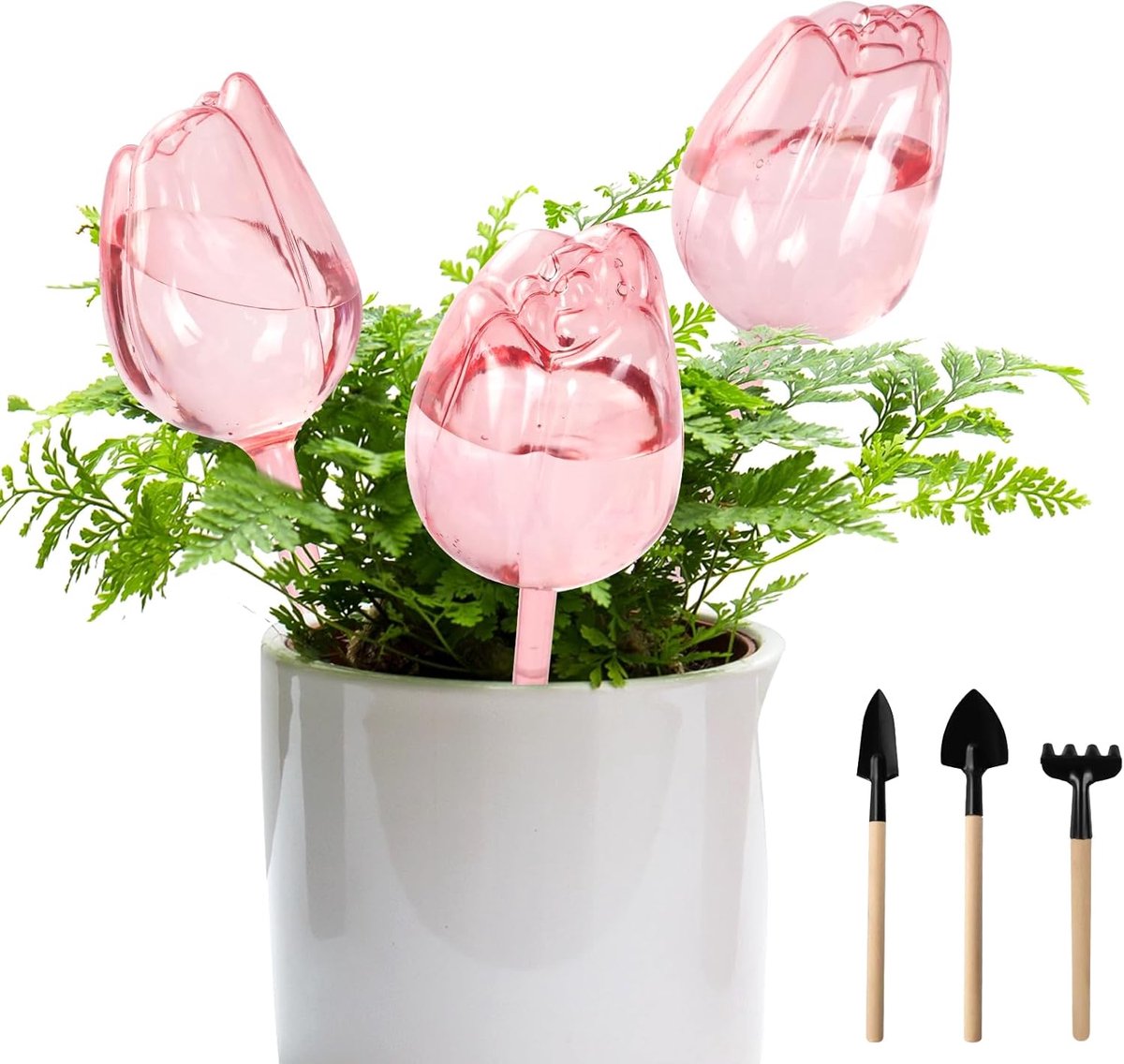 plantenballen, 3 stuks automatische kunststof plantendruppelapparaten met plantengereedschap, bloemvormig irrigatiesysteemspikes, langzaam druppelende irrigatiebi