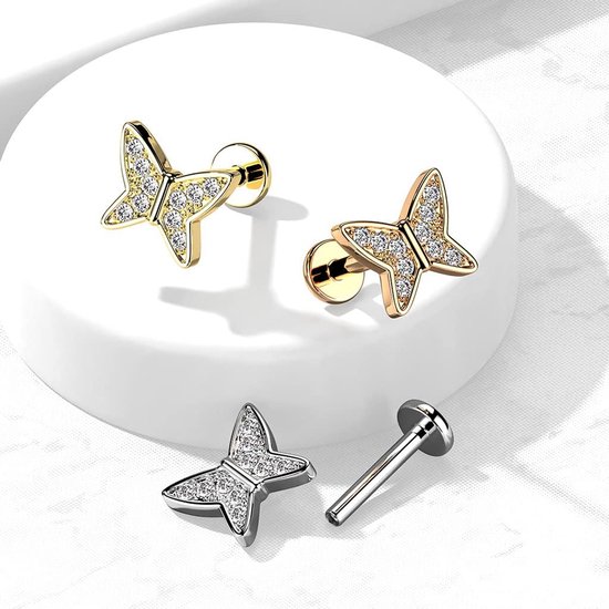1 kraakbeen oorsteker, vlinder zilver, goud, roségoud, pavé zirkonia, Clear piercing-s chirurgisch staal, schroefsluiting, staafje, 6/8 mm lang, 6 mm, Roestvrij staal — afbeelding 2