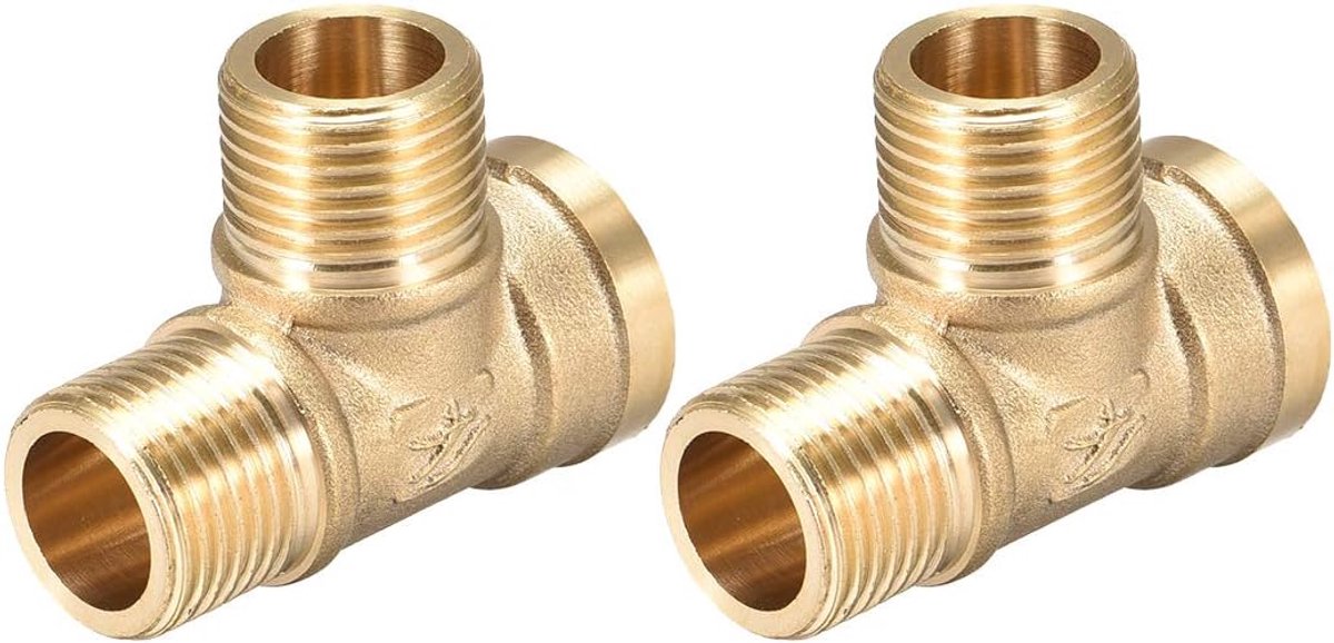 sourcing map Messing T-stuk buis fitting schroefdraad T-vormige aansluiting koppeling G1/2 stekker X G1/2 stekker X G1/2 bus, 2 stuks