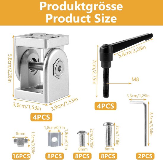 4 stuks aluminium profielen, 40 x 40 connectoren, scharnierende aluminium profiel met klemhendel, connector instelbaar scharnier 180° draaibereik, montageaccessoires voor aluminium profiel — afbeelding 2