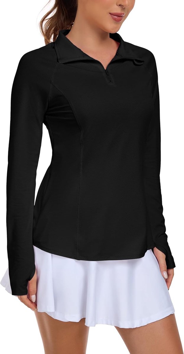 Hardloopshirt voor dames, lange mouwen, losse pasvorm, sportjack, functioneel shirt, sportshirt, uv-beschermingsshirt UPF 50+, UV 1/4 ritssluiting met duimgaten en verborgen zak rechts