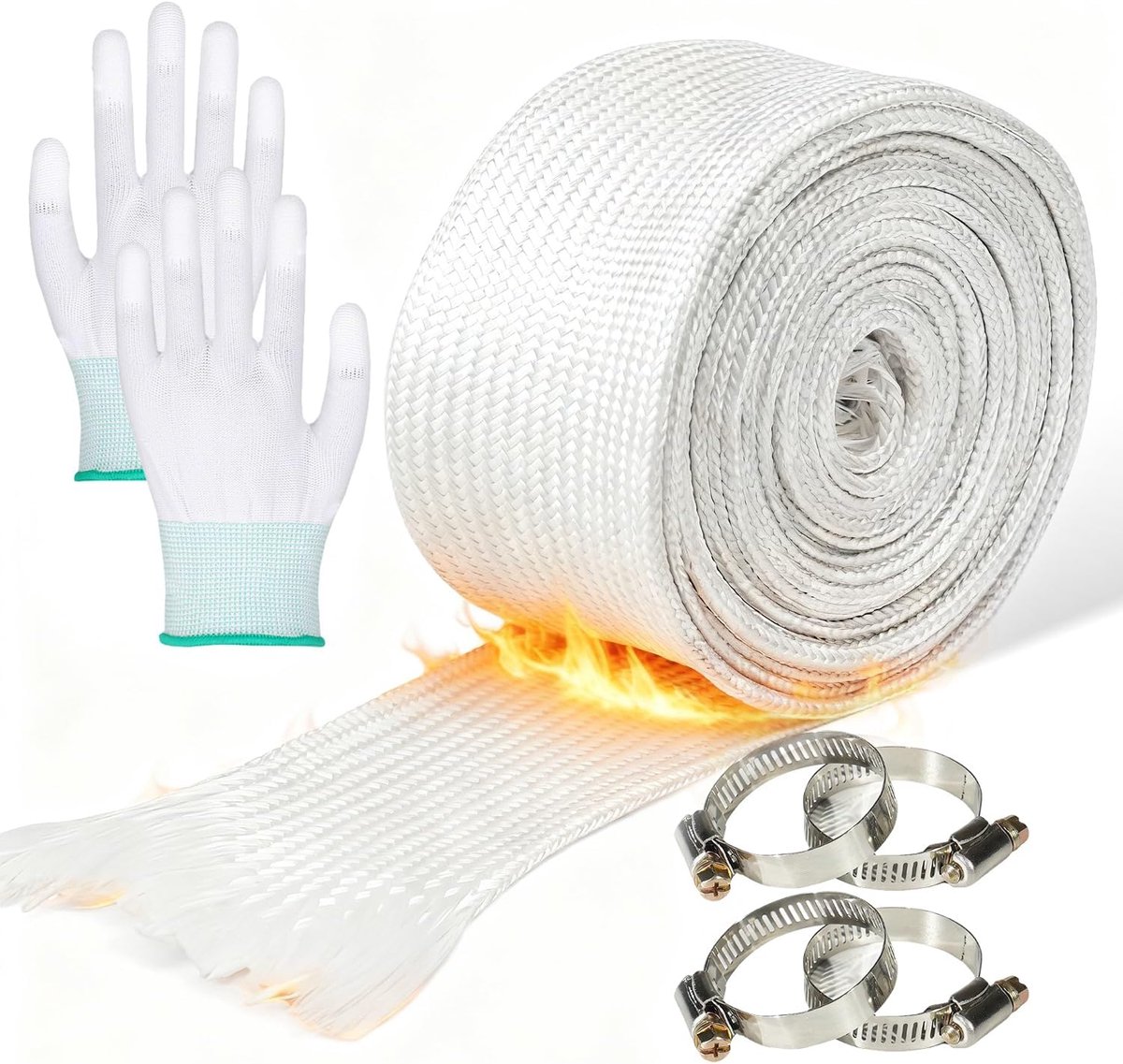 25 mm geïsoleerde uitlaatpijp, gevlochten glasvezelmantel, bevat 4 roestvrijstalen klemklemmen en 1 paar warmte-isolerende handschoenen voor airconditioning- en verwarmingssystemen