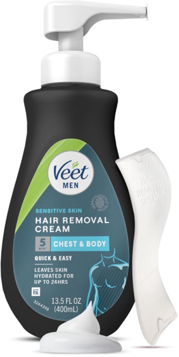 Veet Ontharingscrème voor Mannen Gevoelige Huid - 400 ml - Snelle Haarverwijdering in 5 Minuten - Voor Lichaam, Borst & Rug - Inclusief Spatel FL OZ w/ Spatula