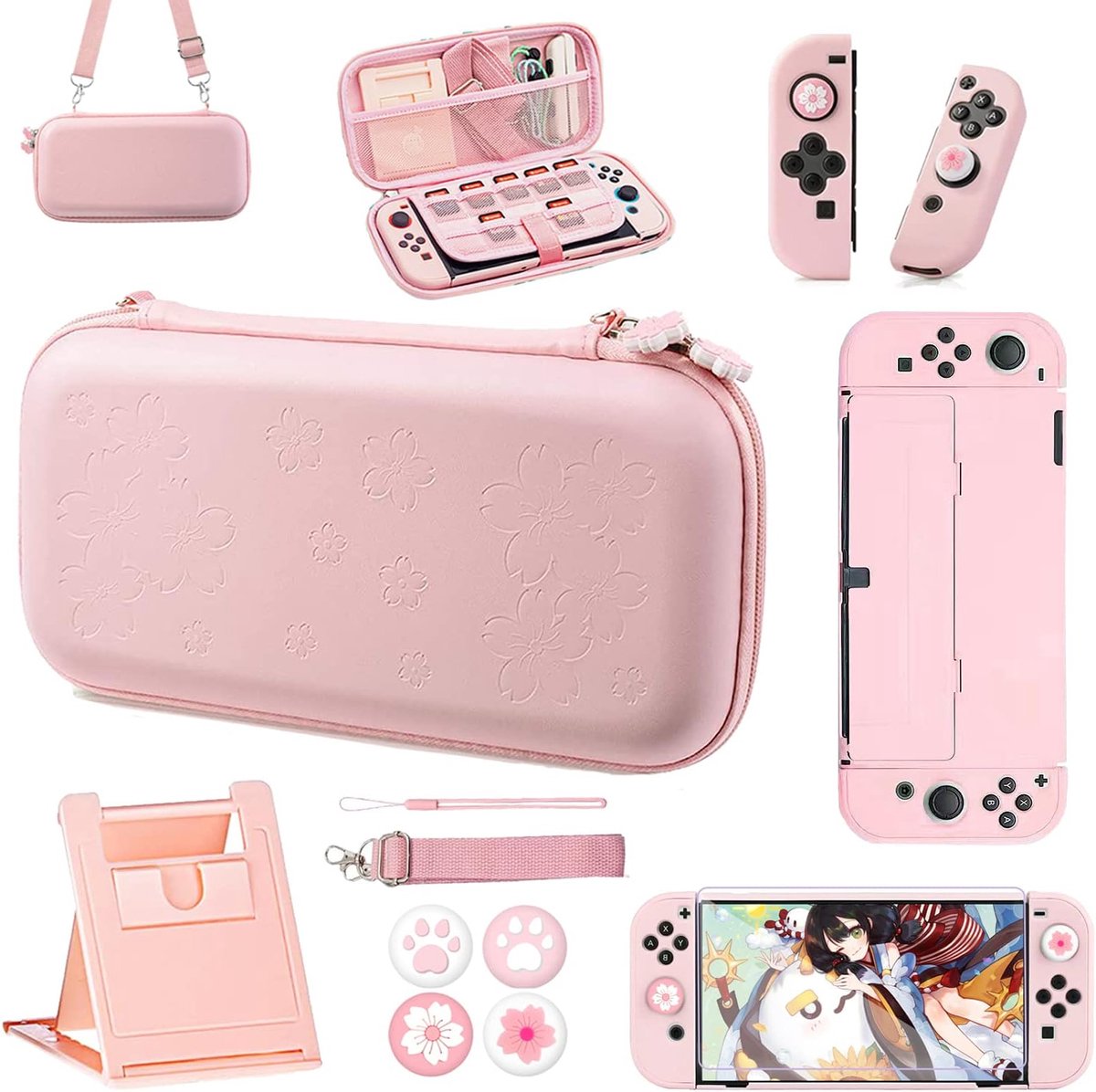 Draagtas, roze, voor Nintendo Switch OLED, 10-in-1 accessoireset met harde beschermhoes, displaybescherming van glas, verstelbare standaard, duimgreepdoppen