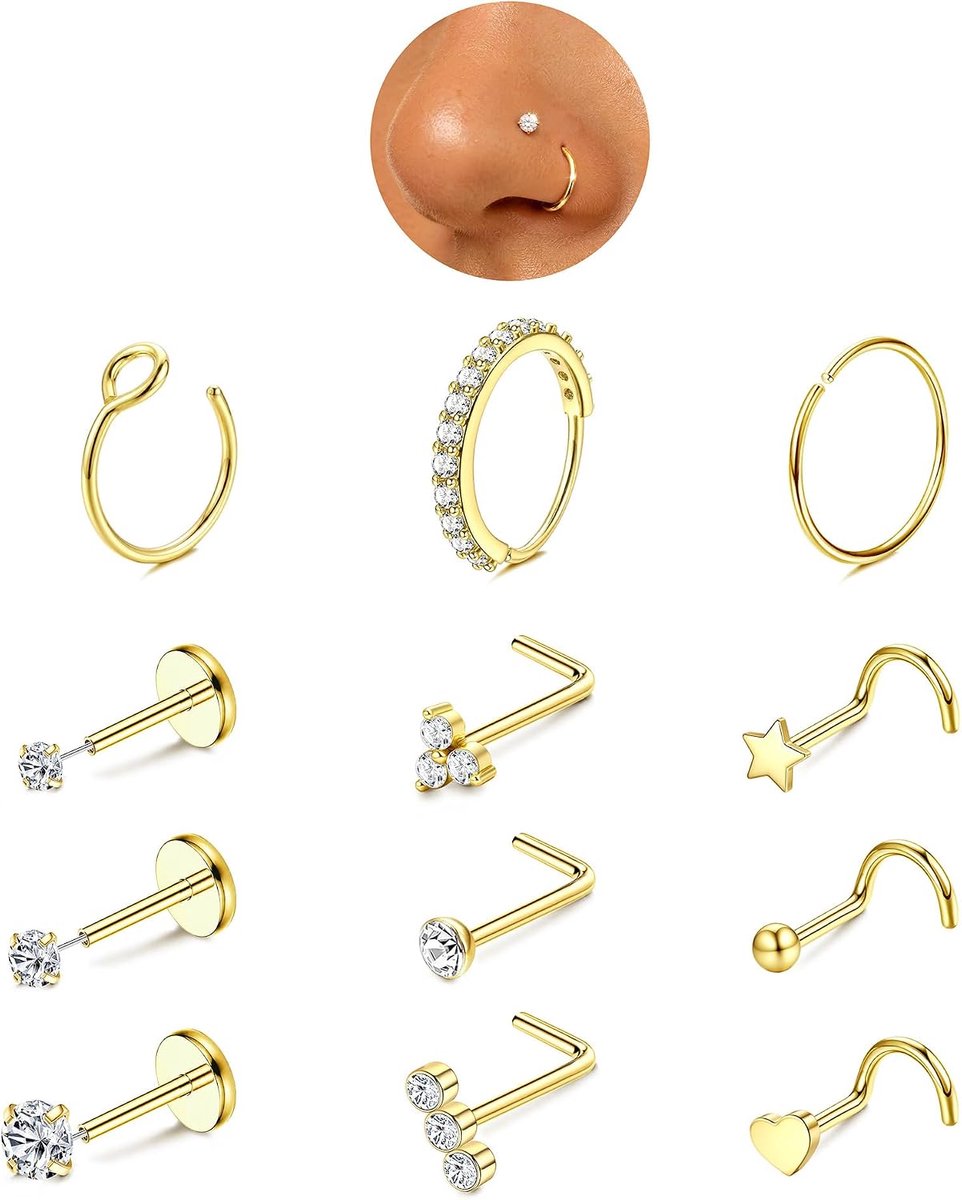 12 stuks neuspiercings stekers chirurgisch staal neusgat piercing | Neuspiercing, ring, neusring, goud, zilver, hypoallergeen, neussteker, set, neusstril, sieraden, dames, 16/20G