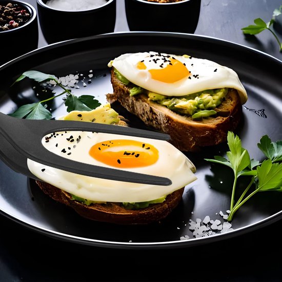 2 in 1 Eierspatel, Antiaanbaklaag Nylon Gebakken Eierdraaiers 2 in 1 Spatel en Tang voor koken Omklapbare Spateltang Grillklemflipper 2 in 1 Schep Keukengereedschap voor Toast Taart (Zwart) — afbeelding 4