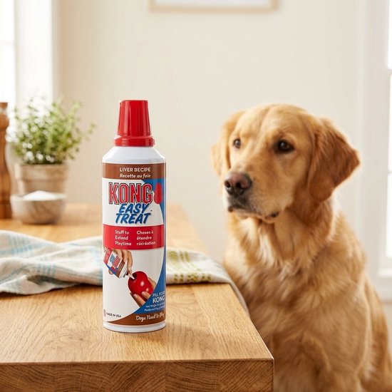 Kong Easy Treat Lever met rode dop, op een tafel naast een Golden Retriever.