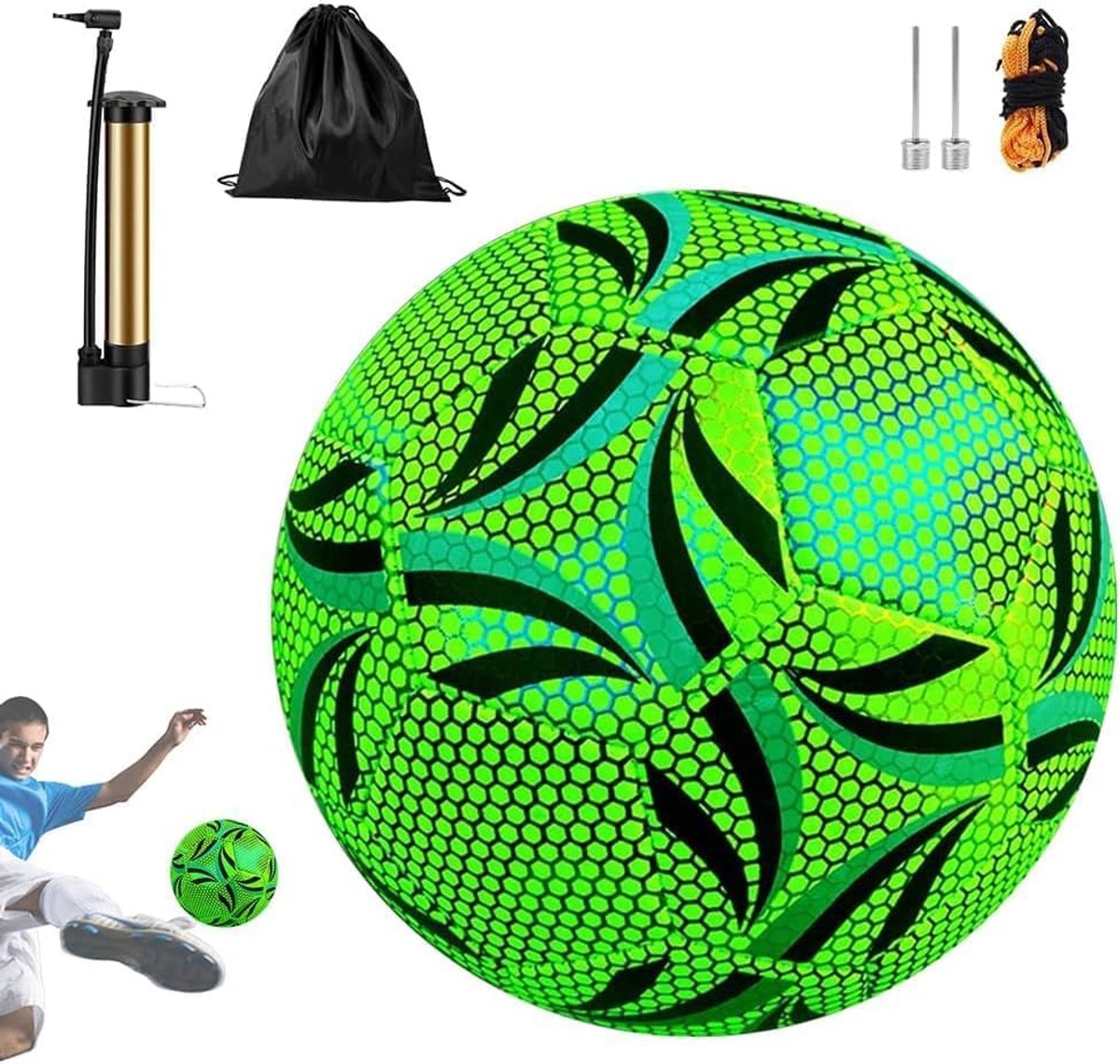voetbal, maat 5, reflecterend voetbal, fluorescerend voetbal voor buiten, oplichtend in het donker, met pomp, leer voor voetbaltraining, nachtspelletjes binnen en buiten