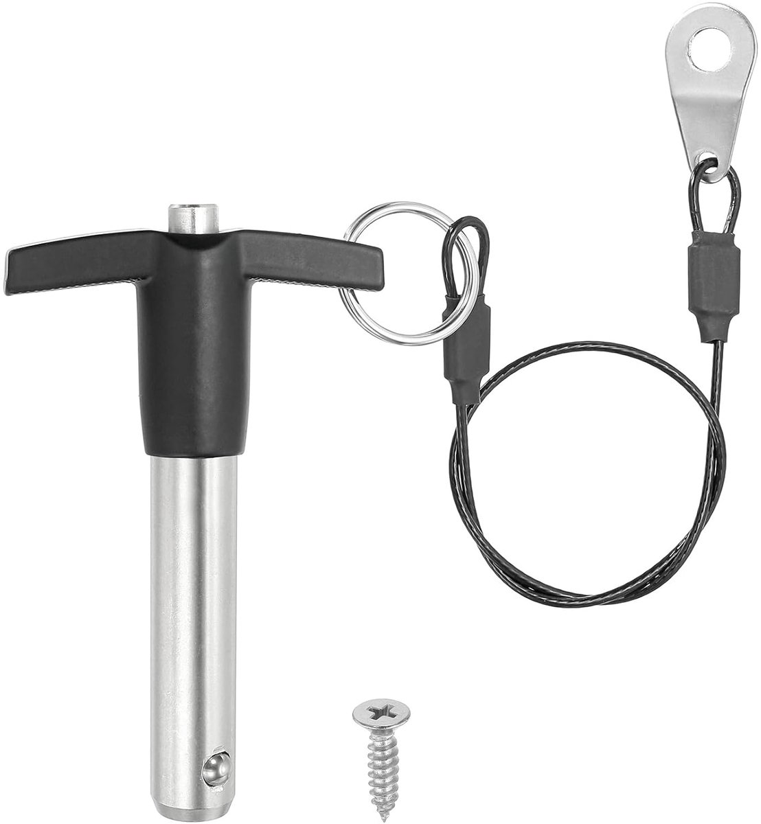 Roestvrijstalen veiligheidspen, steekbouten, 12 mm diameter, 40 mm werklengte, T-greep, drukknop, snelspanpen, borgbouten met 25 cm lange kabel en schroeven M5, zilverzwart