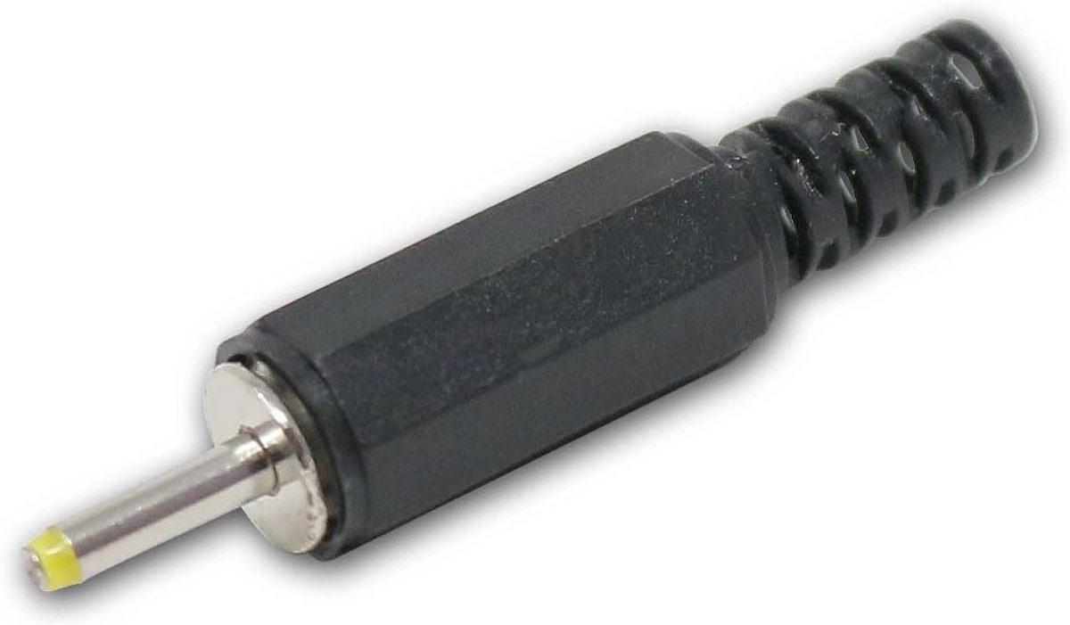 2,5 x 0,7 mm DC-stekker met knikbeveiliging en soldeeraansluiting – schroefbare kunststof huls – ideaal voor reparaties en doe-het-zelfprojecten