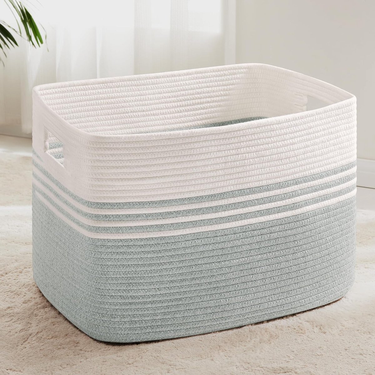 geweven wasmand van katoenkoord, 100L, opbergmand met handvatten, voor dekens, kleding, speelgoed, wasmand voor kinderkamer of woonkamer, 60x40x40 cm, wit en lichtgroen