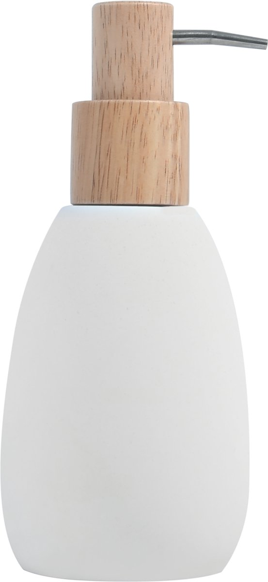 Spirella Zeepdispenser SVEN – Zeeppomp voor Badkamer – Wit en Beige met Houtaccent – 18 x 8,2 cm