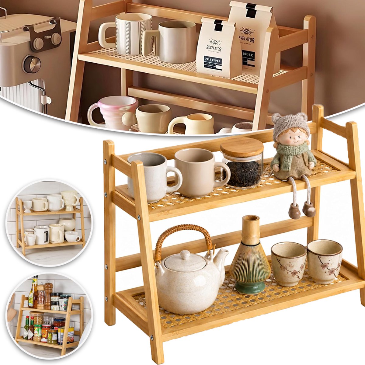 2-Laags Opbergrek Van Massief Hout - Natuurlijke Nerf Open Display Compact 39x28,5 cm - Ideaal Voor Boeken Planten En Decoratie in Elke Kamer