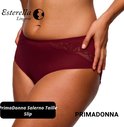Bordeauxrode slip met kanten details aan de zijkanten. Tekst: PrimaDonna Salerno Taille Slip.