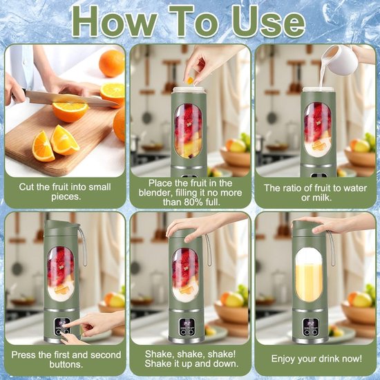 Draagbare Blender - Smoothie Maker Mini Mixer - Gezonde Drankjes Maken - 12 Roestvrij Stalen Bladen - 450 ml - Olijfgroen — afbeelding 3