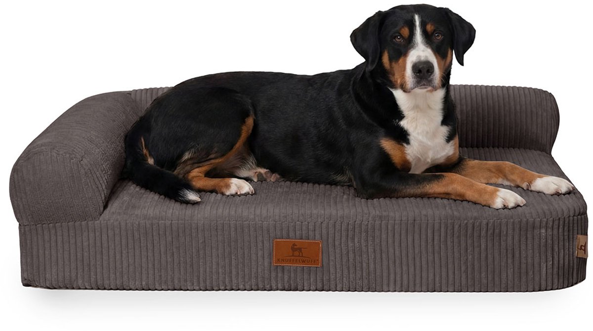 Knuffelwuff orthopedisch hoekhondenbed Cortland van ribfluweel XXL 120 x 80cm Leuning links Bruin-grijs